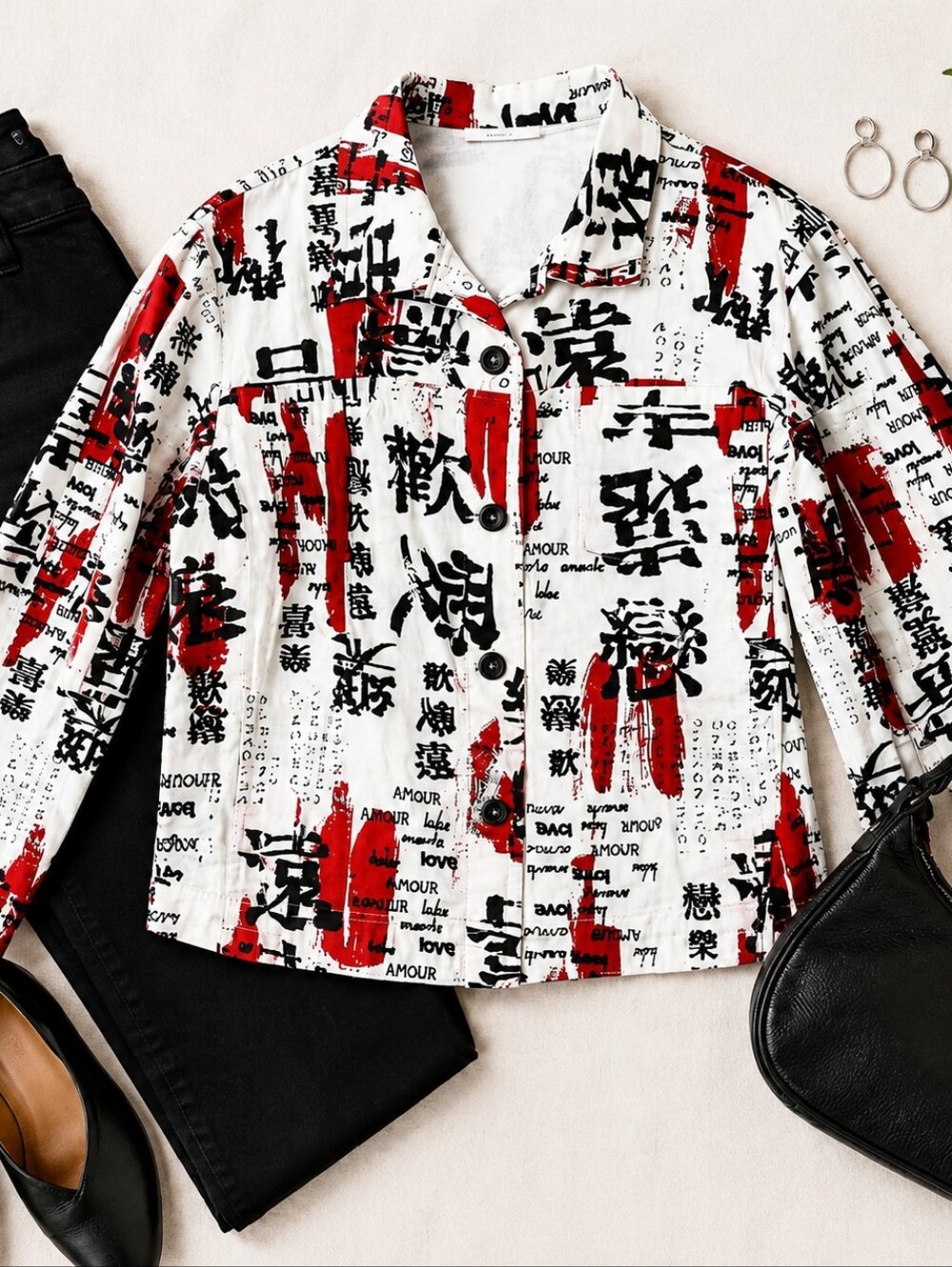 CHICO'S Vintage 1990s Design Kanji Asian Print Button-Up Jacket. - Picture 2 of 5